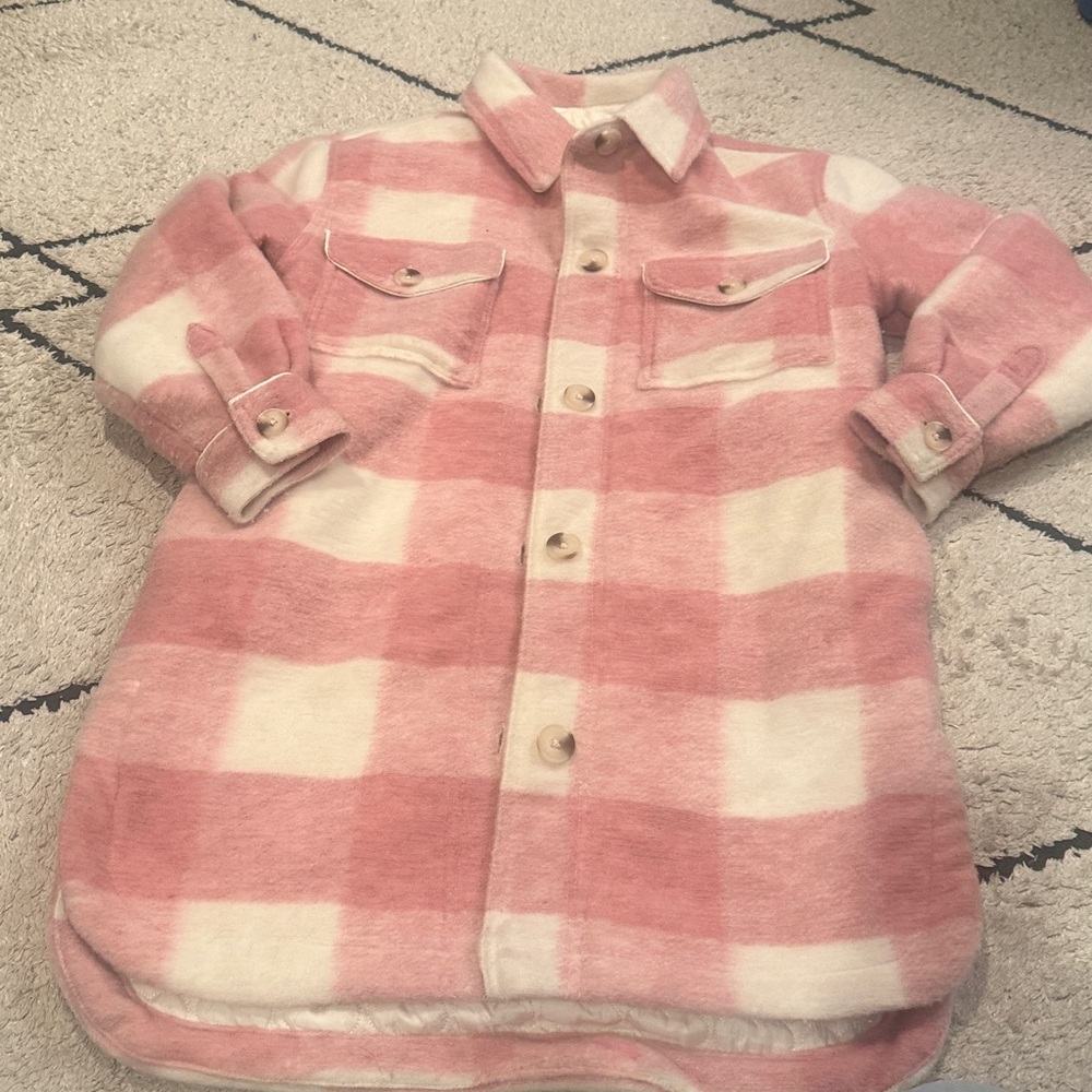 Jillian Harris m Joe Fresh Pink and White Plaid Button-Front Shirt Jacket - Picture 3 of 6